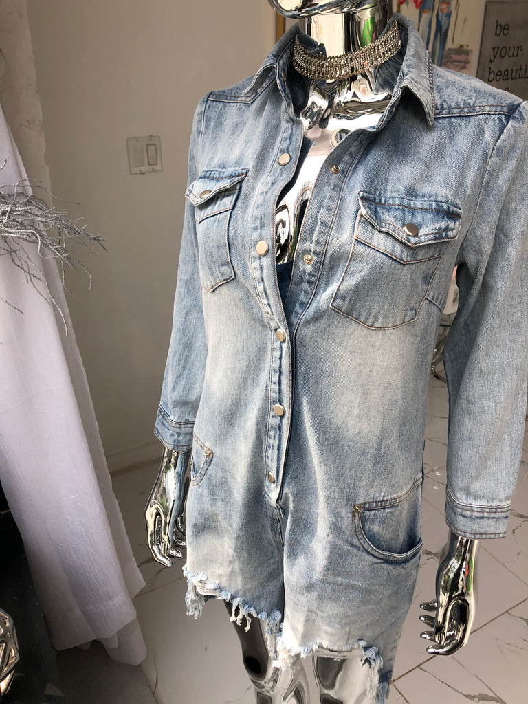 Denim top distressed jumpsuit